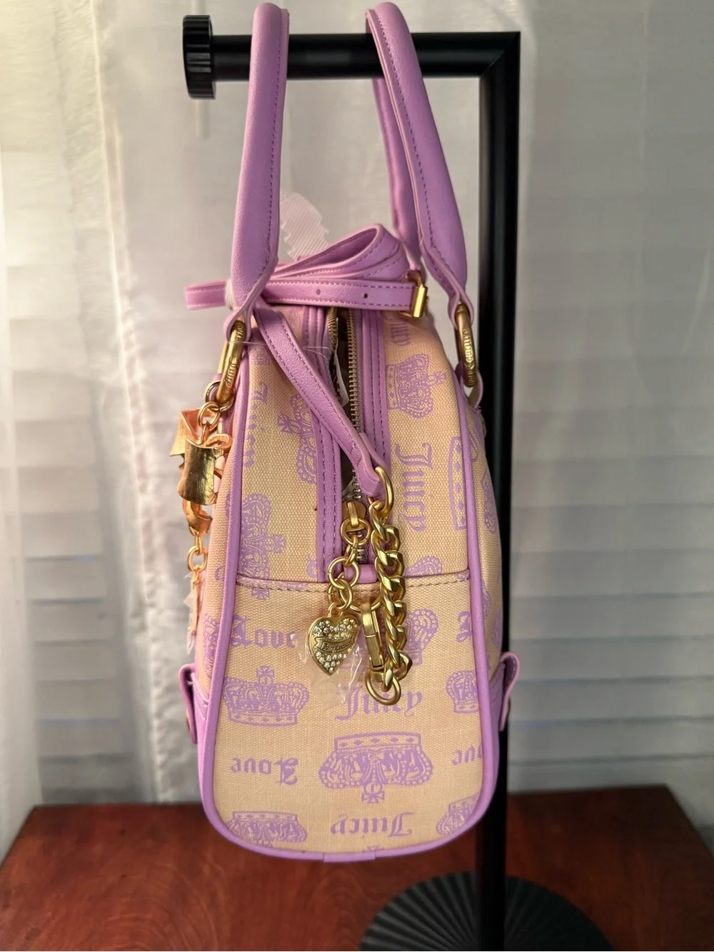 NWT Juicy Couture Pink Diamond/Violet Vintage Couture Bowler with Gold Bow Charm